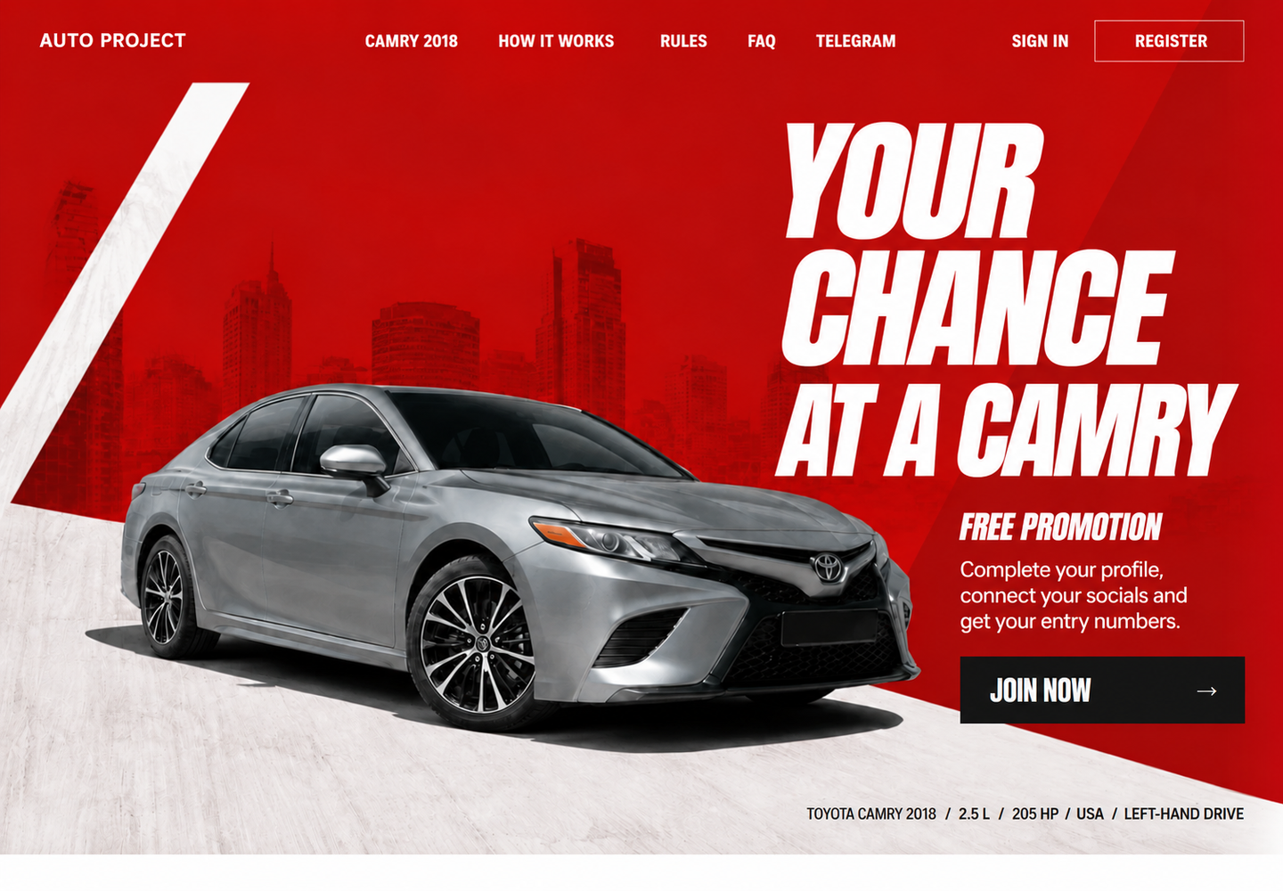 Camry landing page: headline, vehicle, terms and participation button