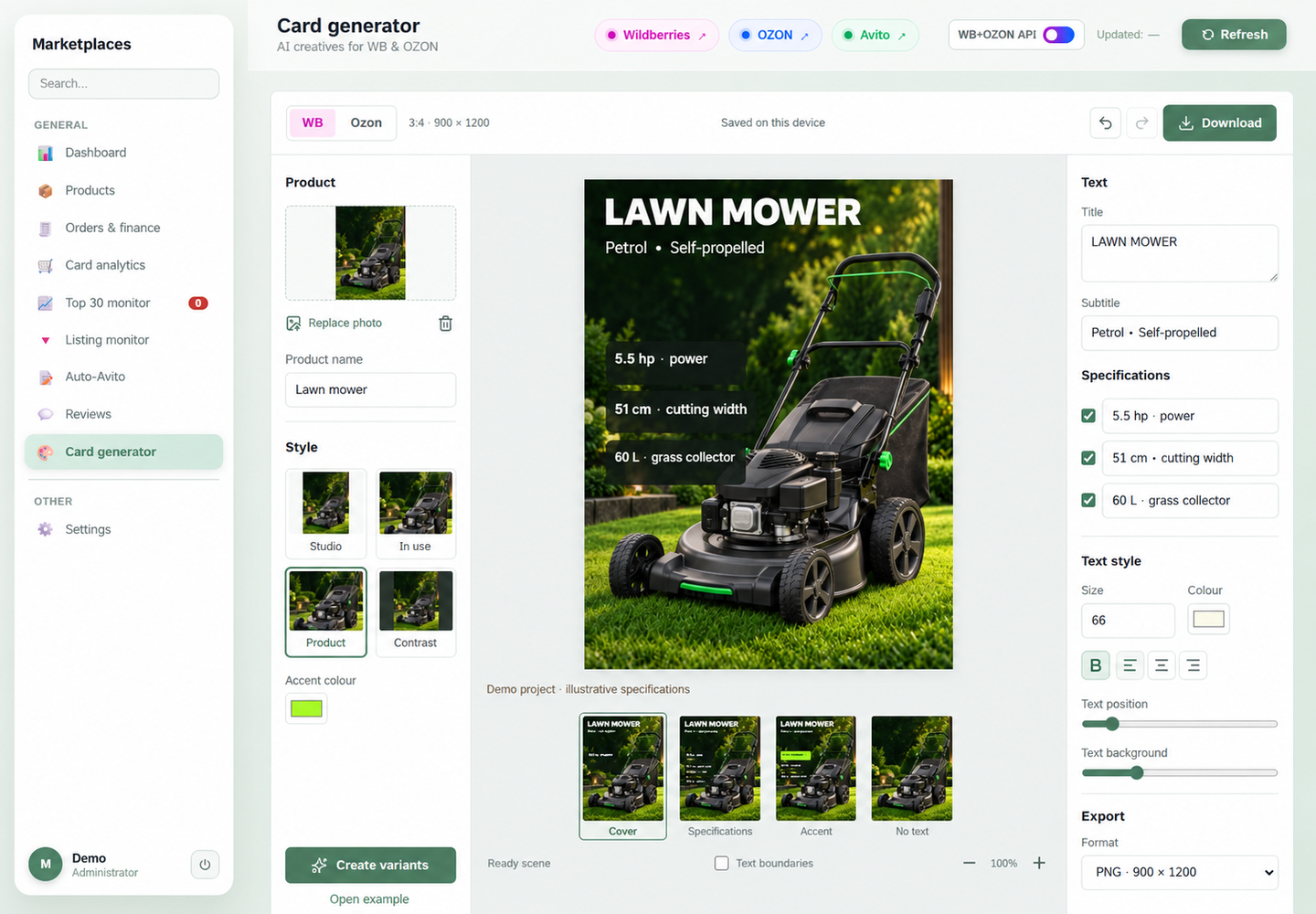 Recreated English product card editor: design variations, text and export; demo data