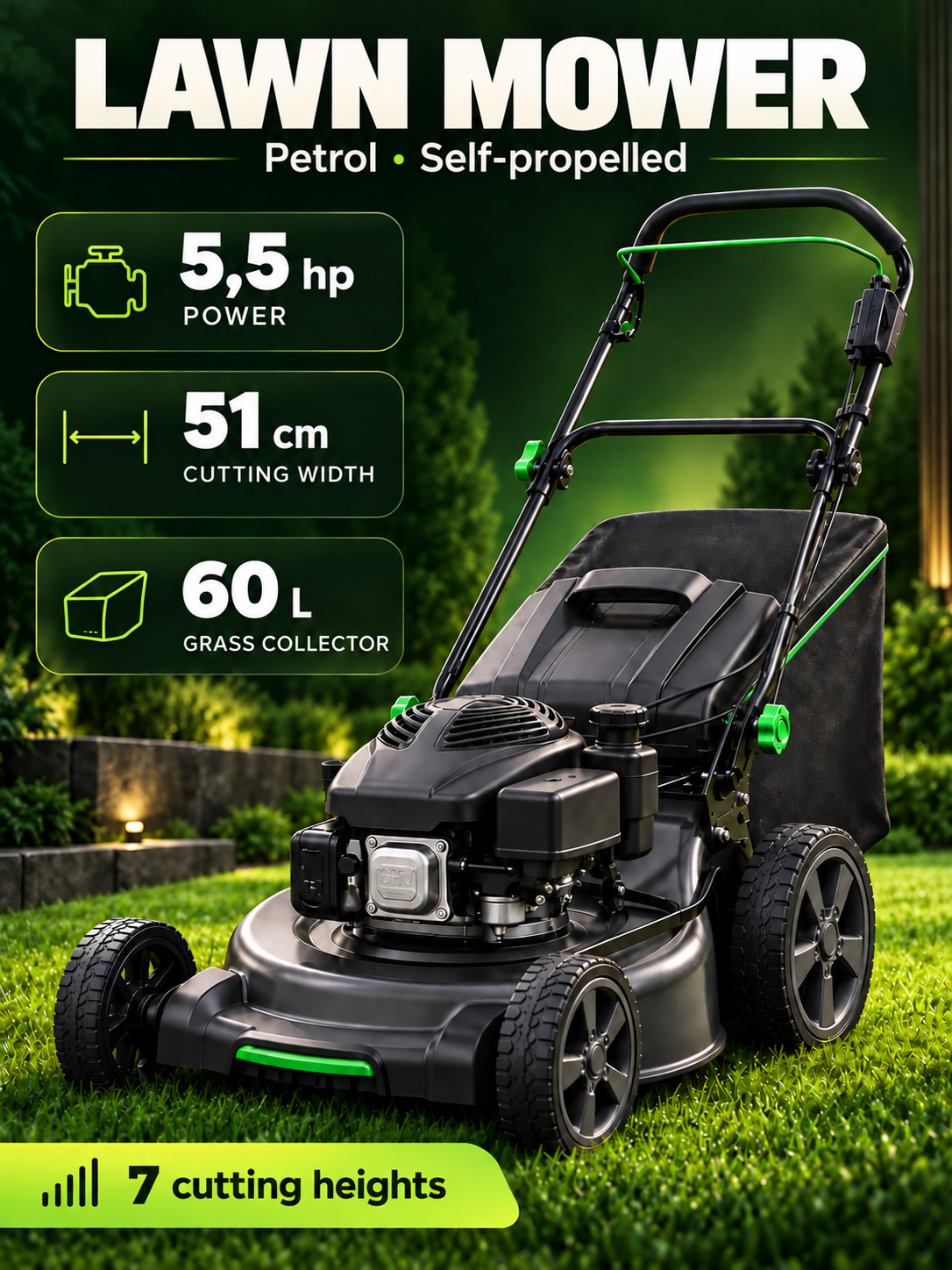 Demo lawnmower product card: photo, icons and illustrative specifications