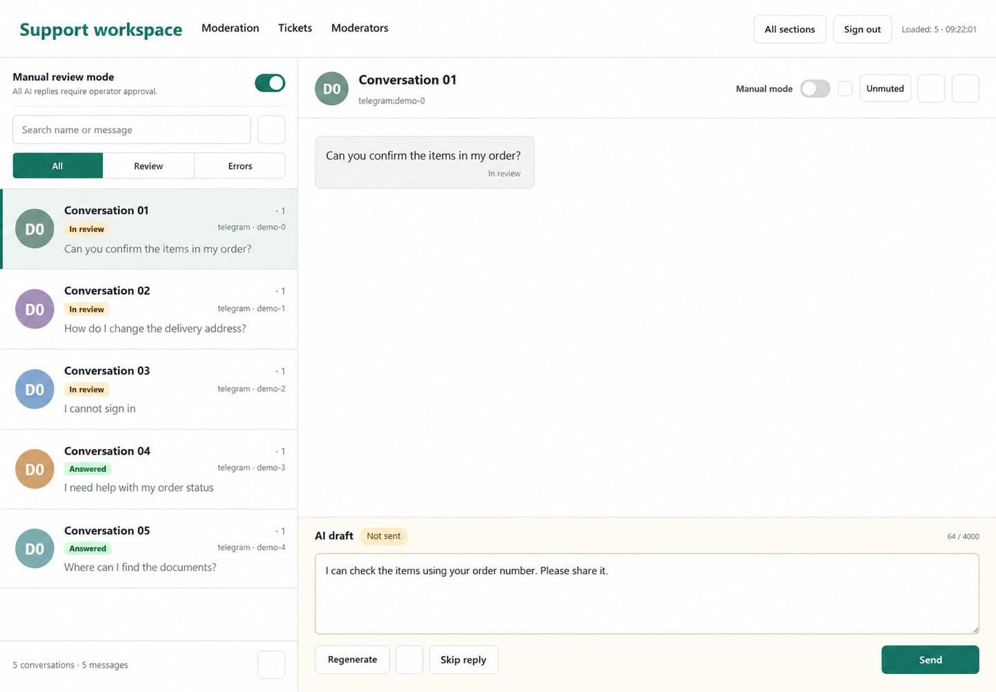 AI reply draft, conversations and moderation queue with demo data