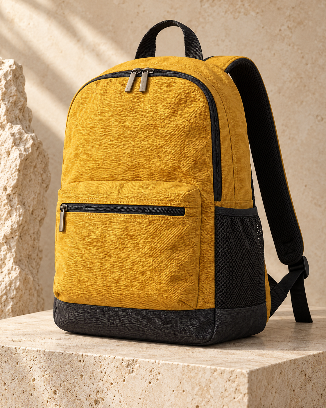 Mustard yellow and black daypack on a sandstone plinth