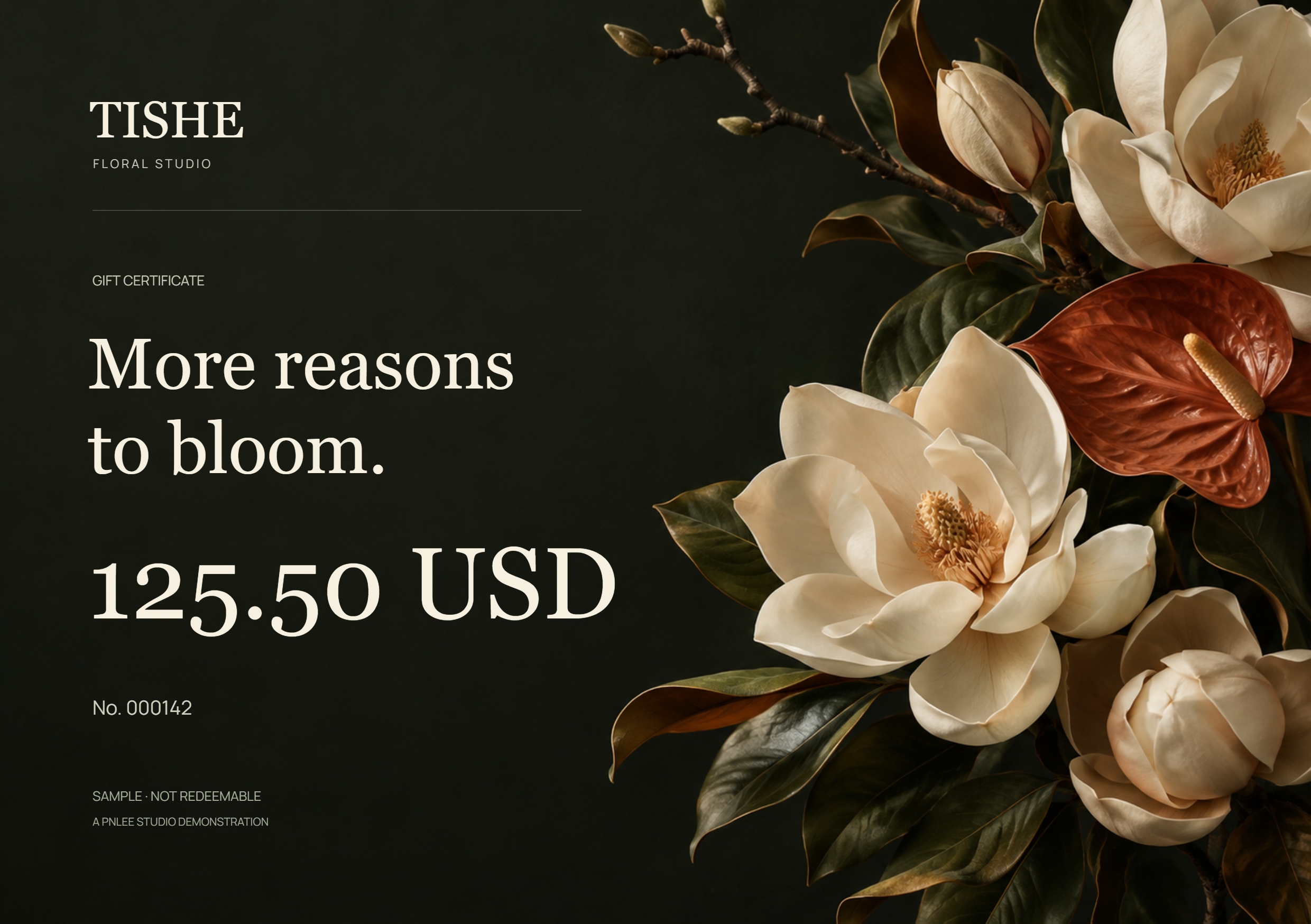 An exported sample gift certificate for the fictional botanical brand TISHE, showing 125.50 USD. Not redeemable.